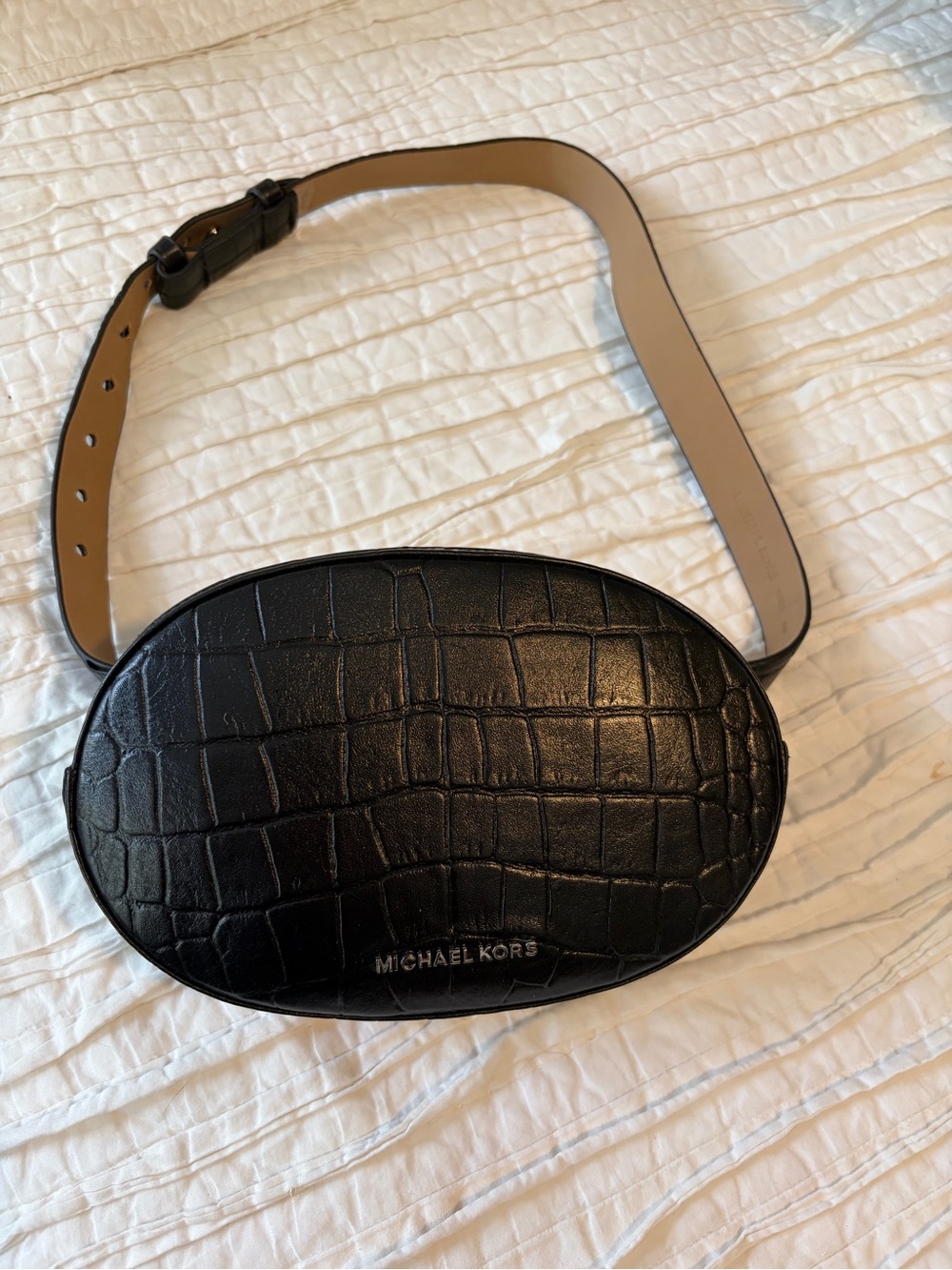 Michael Kors Black Croc-Embossed Oval Belt Bag with Tan Strap Lining